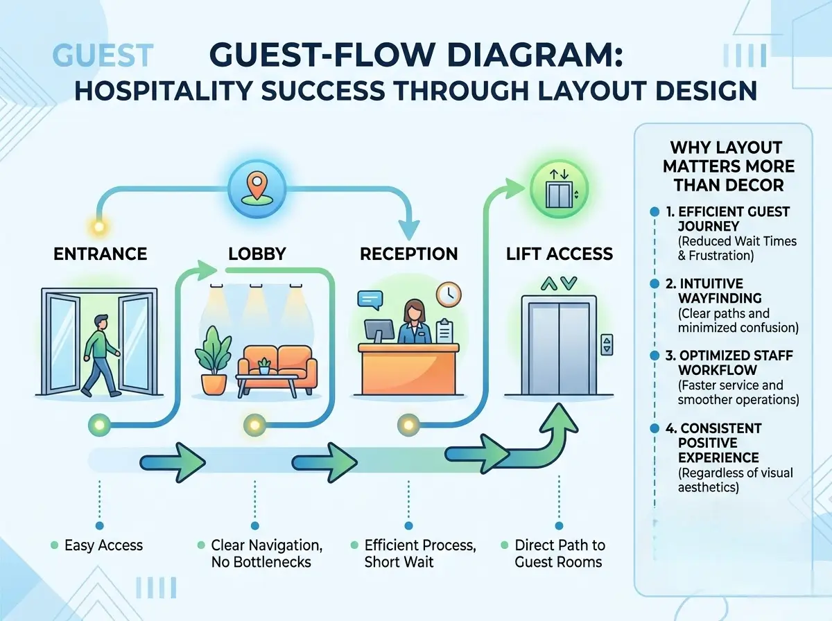 Guest flow diagram showing hotel lobby layout from entrance to reception to lift access