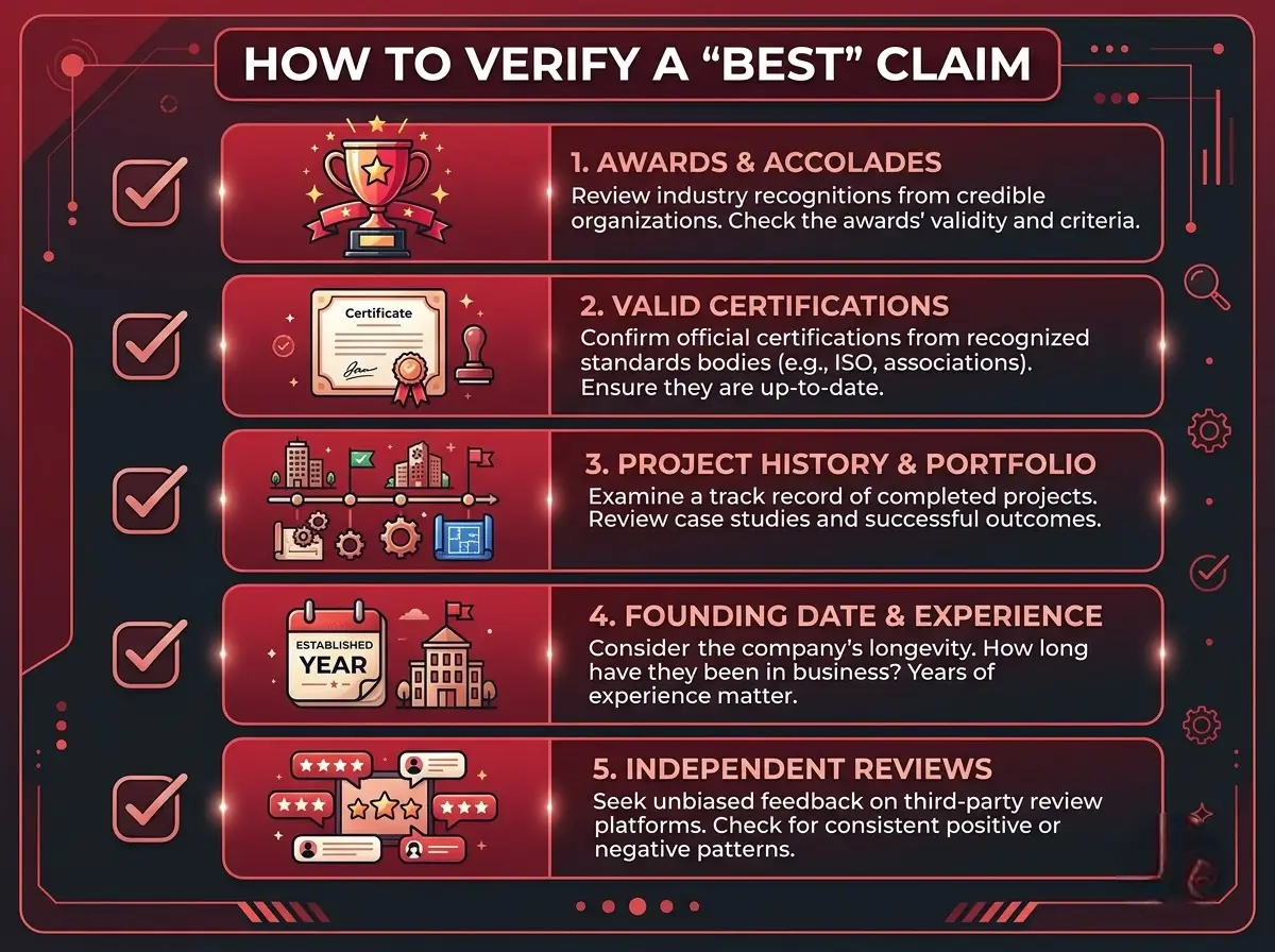 Checklist infographic showing five ways to verify a best interior designer claim in Kenya