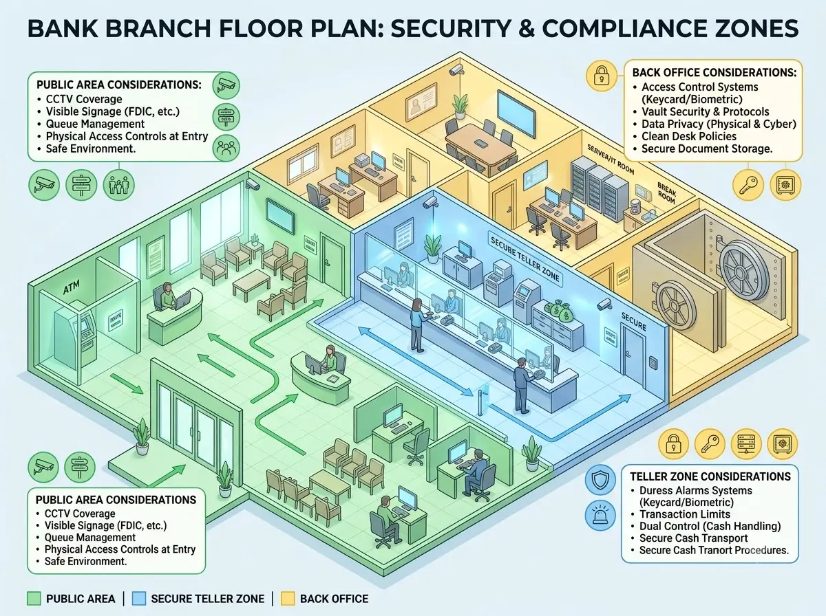 Floor plan diagram of a bank branch showing public area, secure teller zone and back office