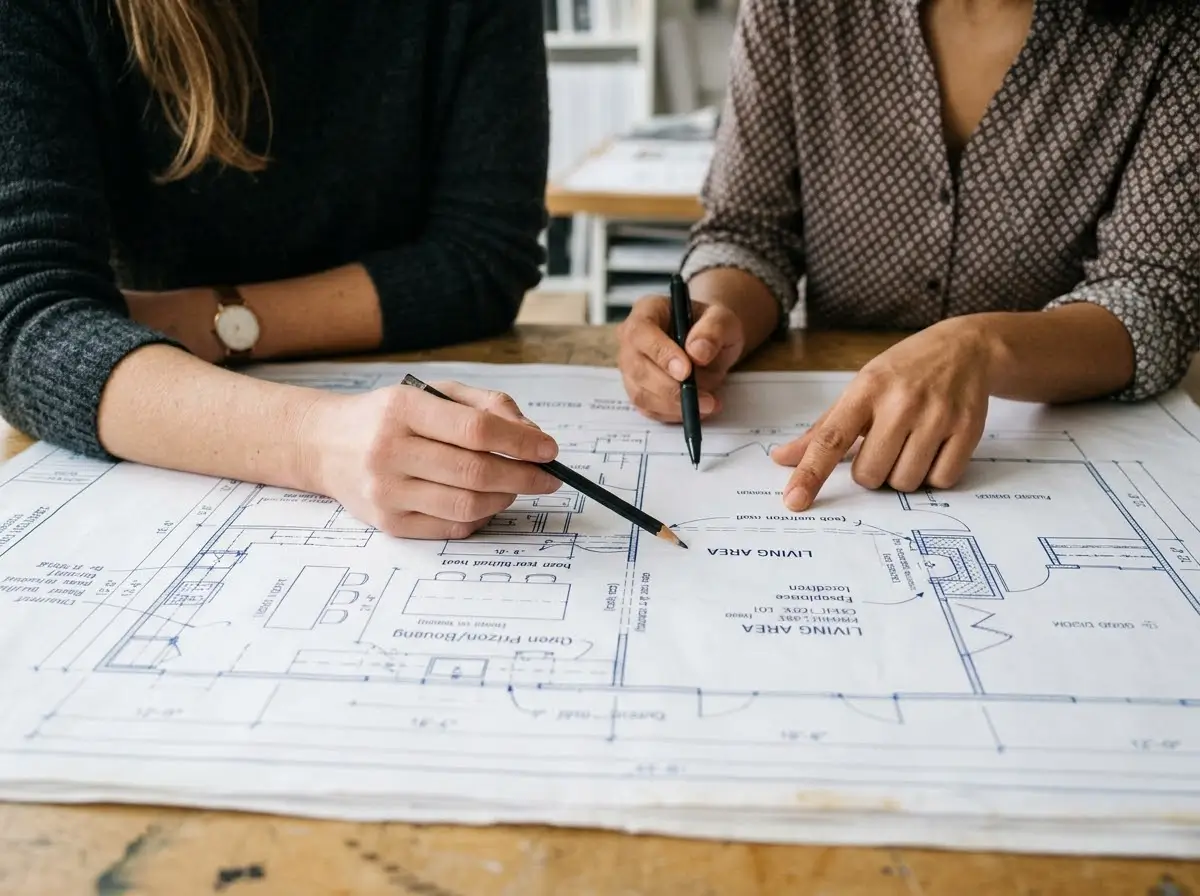 Interior designer and client reviewing a floor plan together during a design consultation in Nairobi