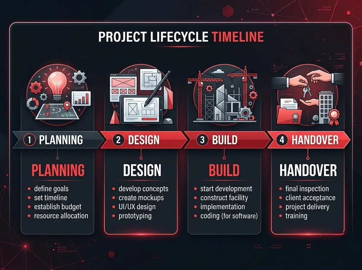 Timeline infographic showing the construction process from contract to handover in four stages
