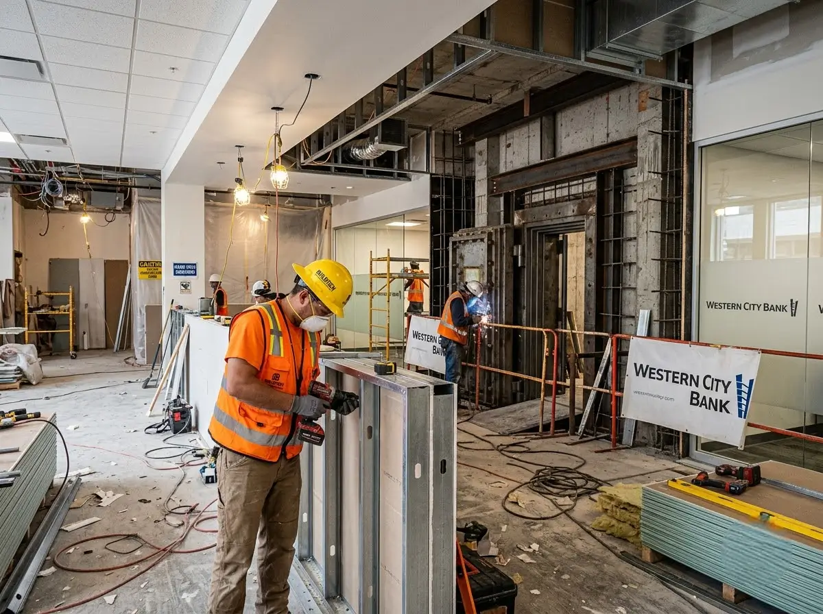 Contractor working inside a bank branch under construction with secure teller area partly built