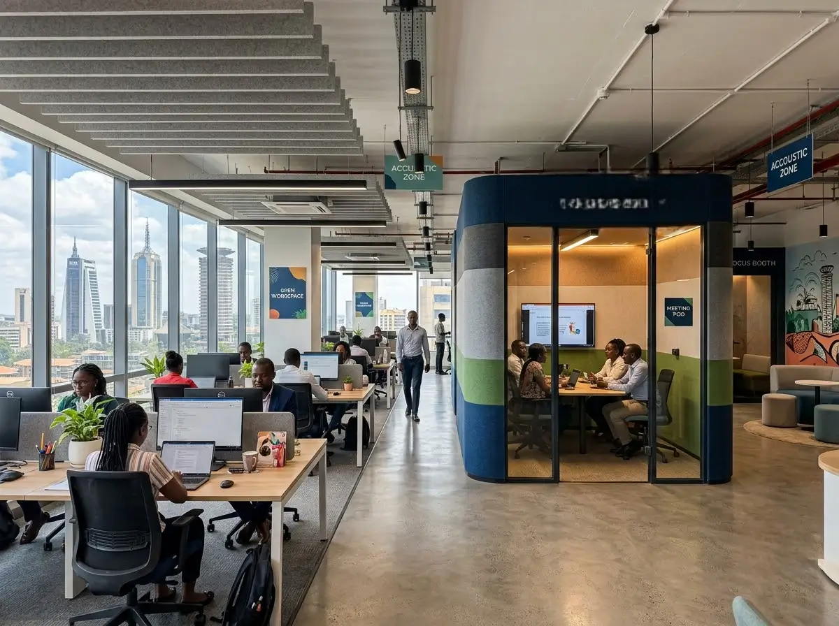 Finished modern office interior in Nairobi with open-plan workspace and acoustic meeting pod