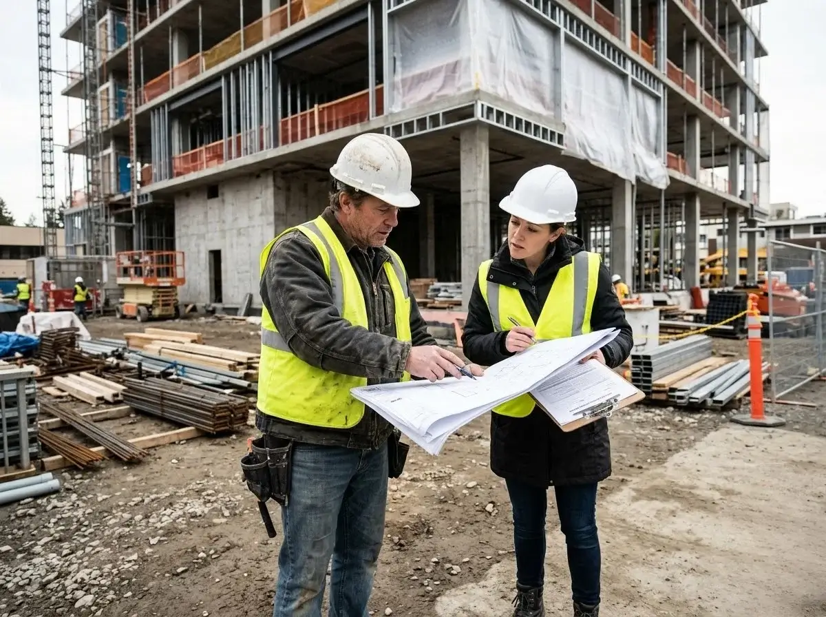 Client and site supervisor reviewing plans beside a four-unit residential block under construction in Ruaka, Kenya