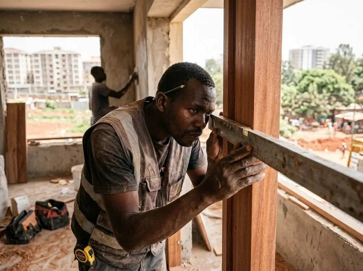 In-house site crew finishing joinery and plaster on a residential building in Nairobi, Kenya