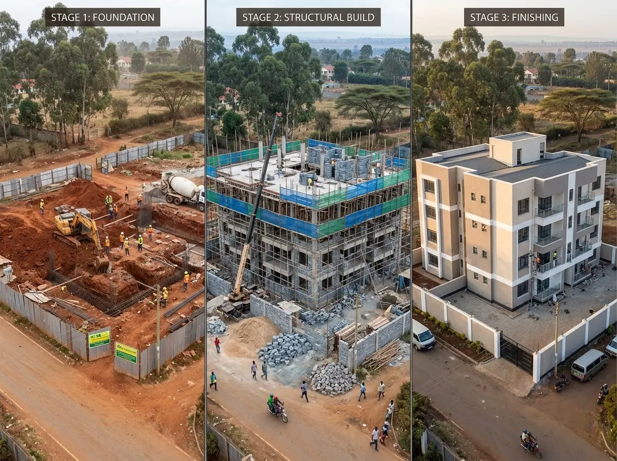 Collage of a construction project in Kenya at three stages: foundation, structural build and finishing