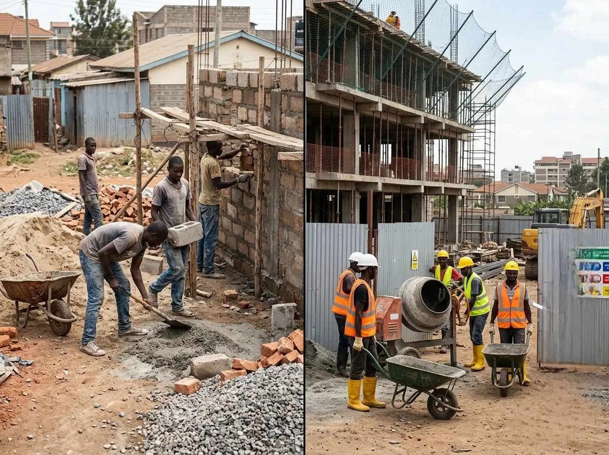Split image of a small informal crew at work on one side and a uniformed registered construction team with proper equipment on the other