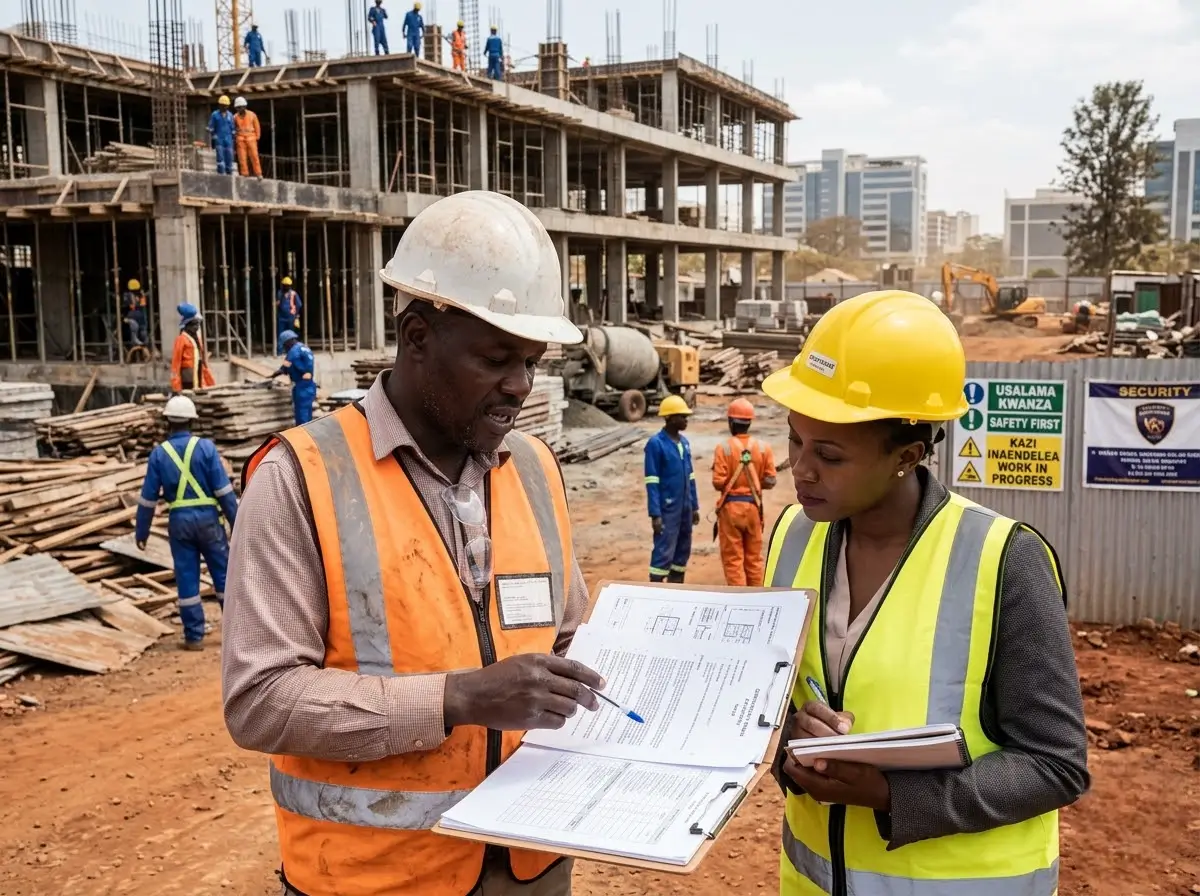 Construction site manager reviewing documents with a client beside workers wearing hard hats and safety equipment