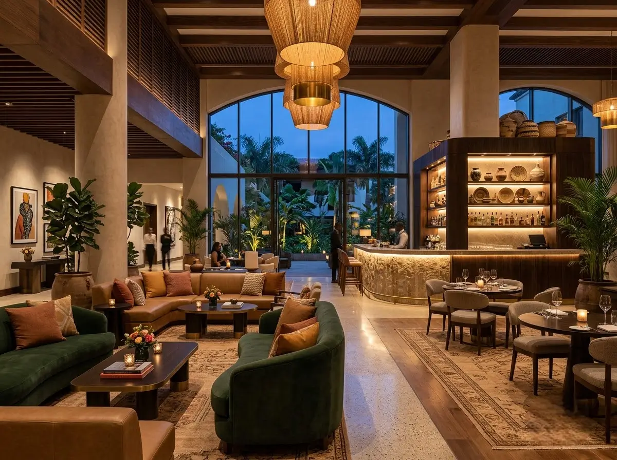 Elegant hotel lobby interior in Kenya with warm lighting, a considered seating layout and guest-facing design details