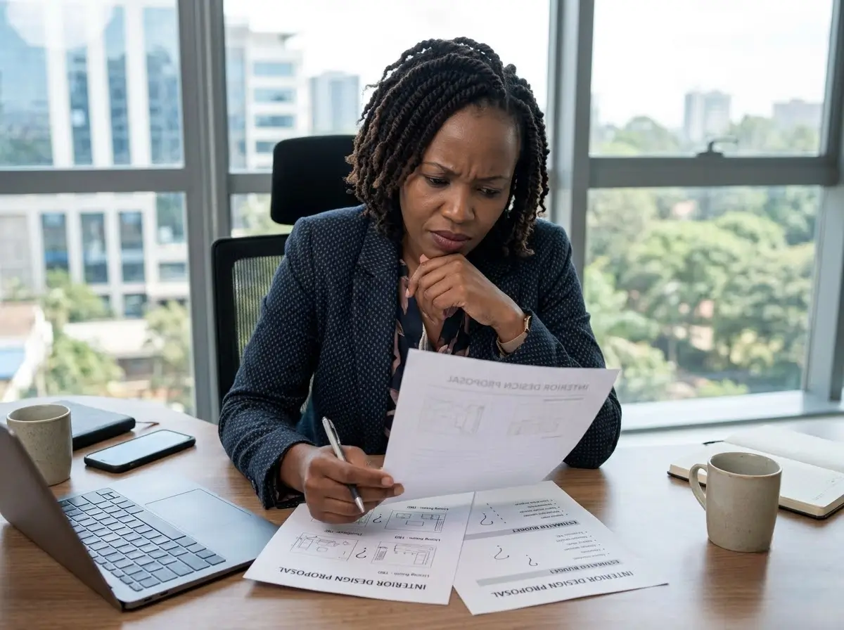 Concerned client reviewing a vague, incomplete interior design proposal document at a desk
