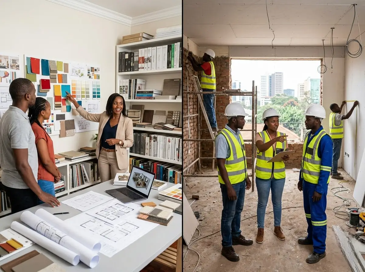 Interior designer presenting mood boards and plans beside a combined design-and-build team working on an active site