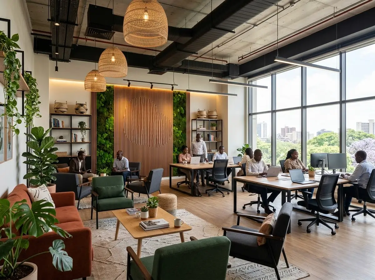 Modern open-plan office interior in Nairobi with considered lighting, a break-out seating area and a branded wall feature