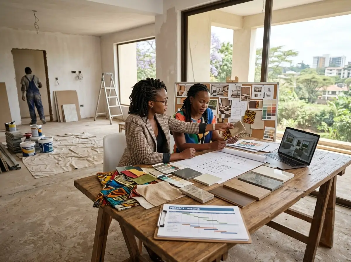 Interior designer reviewing mood boards and material samples with a client while a room is mid-transformation in the background