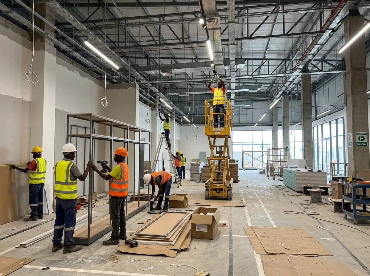 Modern retail store interior in Kenya mid-fit-out, with shelving and lighting being installed by a construction team