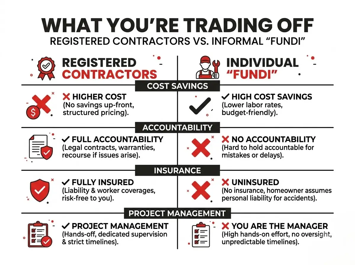 Infographic showing what you trade off between a registered contractor and an informal fundi: cost, accountability, insurance and project management