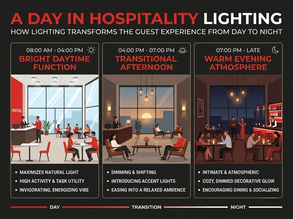 Infographic showing hospitality lighting through the day, from bright daytime function to warm evening atmosphere