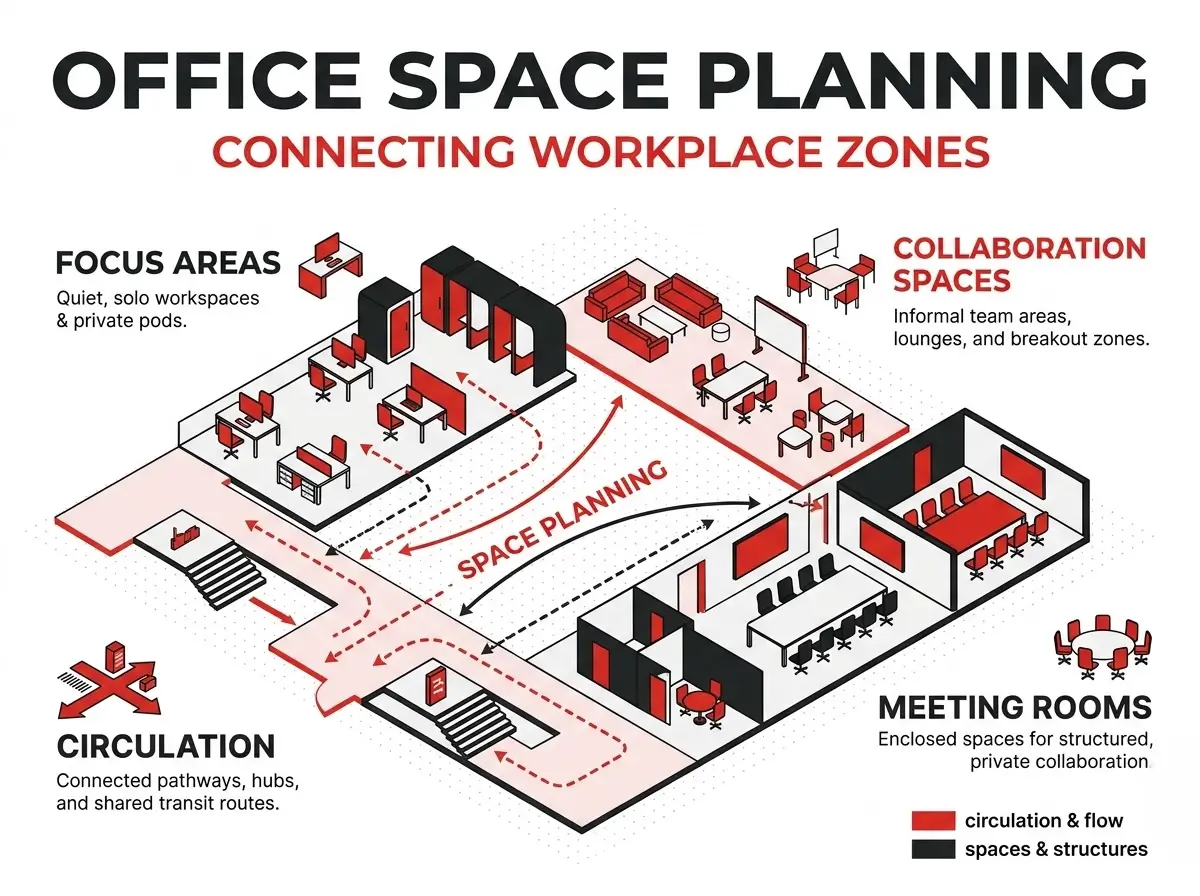 Diagram of office zones showing focus areas, collaboration spaces, meeting rooms and circulation, and how space planning connects them