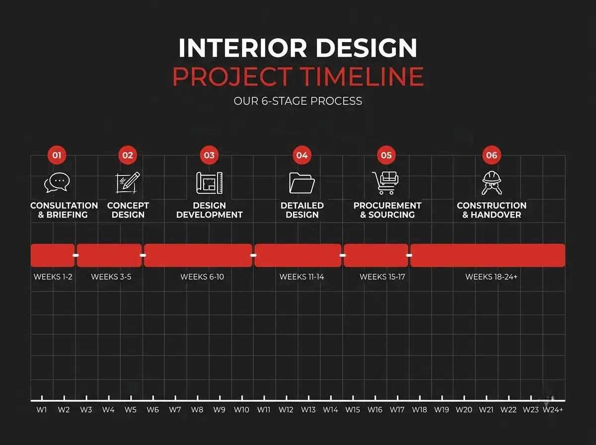Horizontal timeline infographic showing the six interior design project stages with relative duration bars