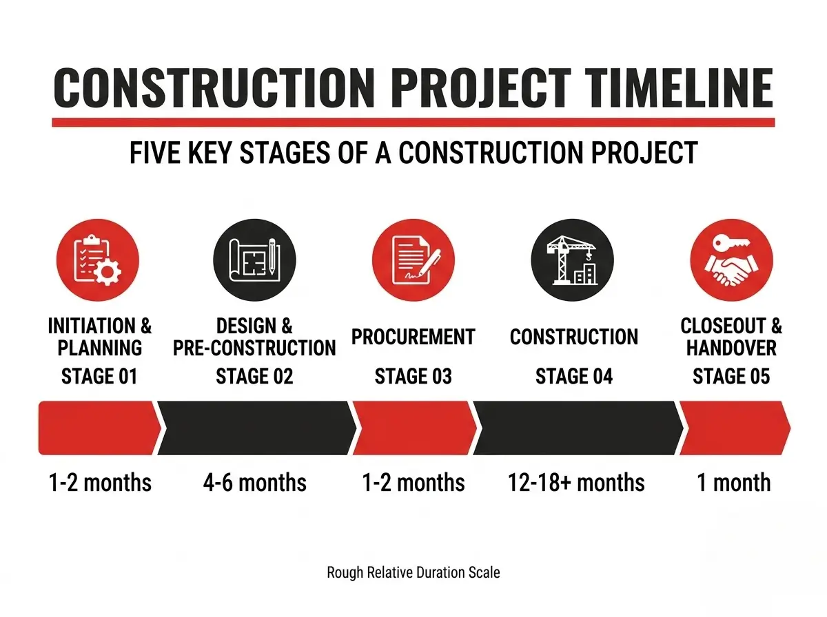 Horizontal timeline infographic of the five construction project stages with relative duration bars