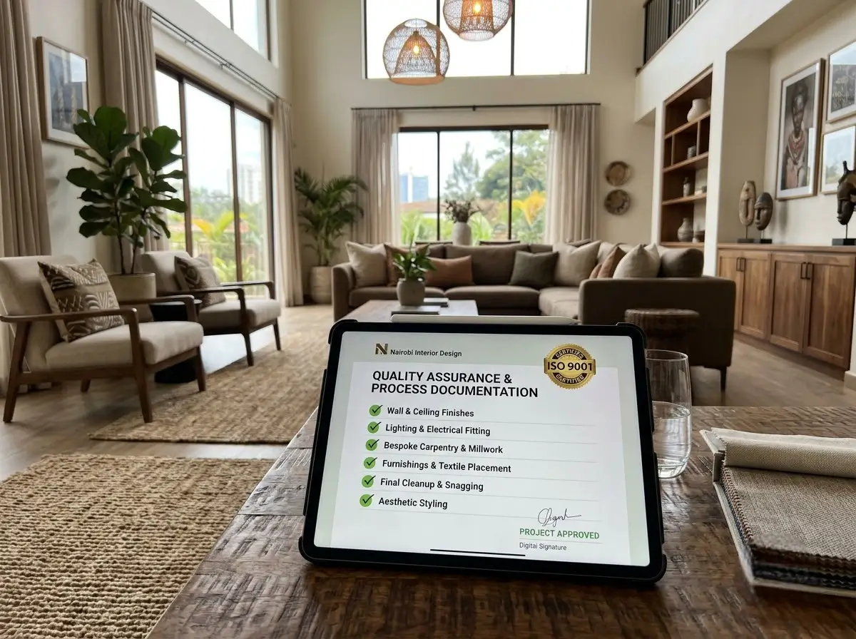 Quality checklist on a tablet beside a finished, well-executed interior design space in Nairobi