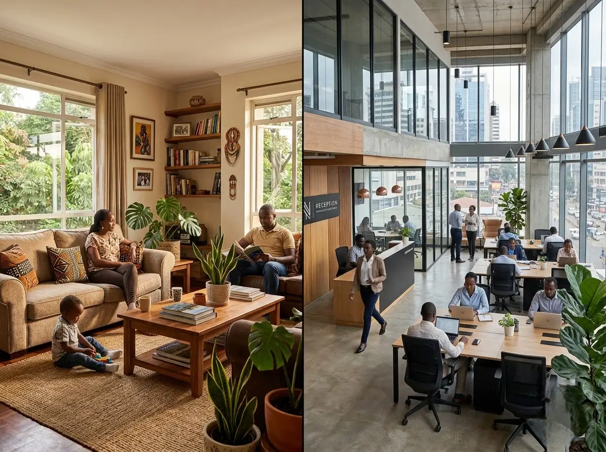 Split image of a warm, personal residential living room beside a sleek commercial retail or office interior in Nairobi