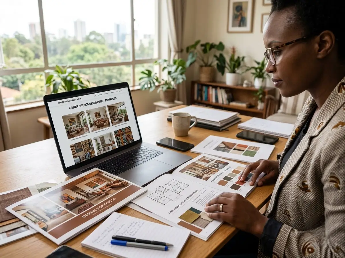 Person comparing several interior design firm portfolios and credentials on a laptop and printed documents
