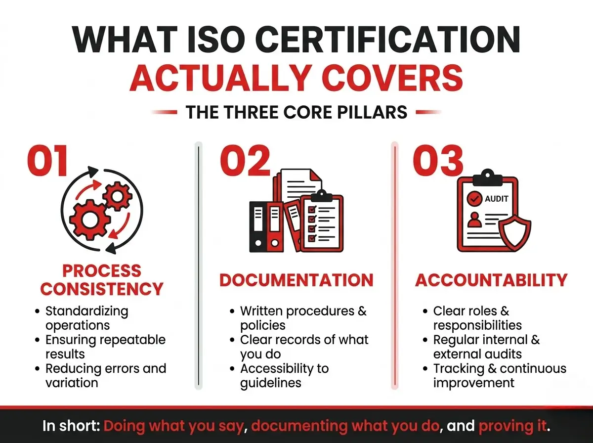 Infographic explaining what ISO certification covers: process consistency, documentation and accountability