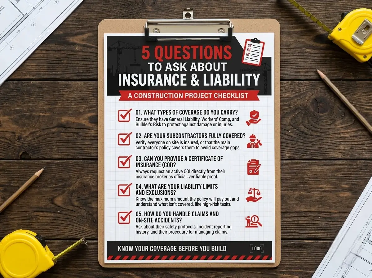 Checklist infographic of five questions to ask a construction contractor about insurance and liability