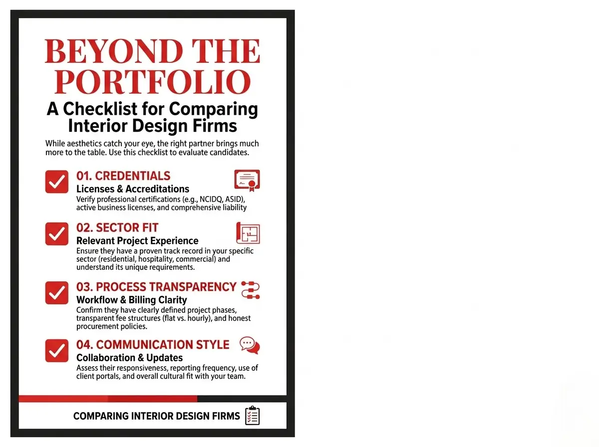 Beyond the portfolio checklist infographic covering credentials, sector fit, process transparency and communication style