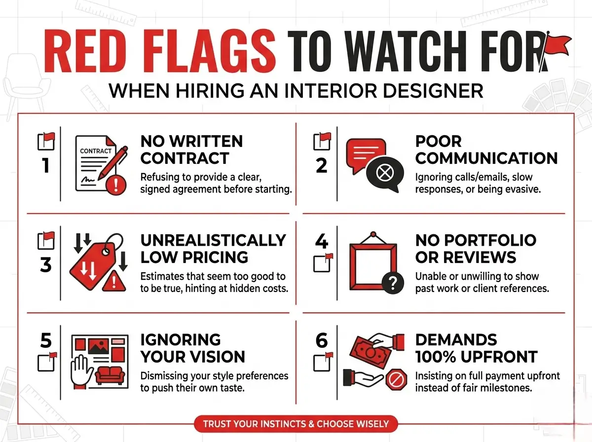 Red flags checklist infographic covering six warning signs when hiring an interior designer in Kenya