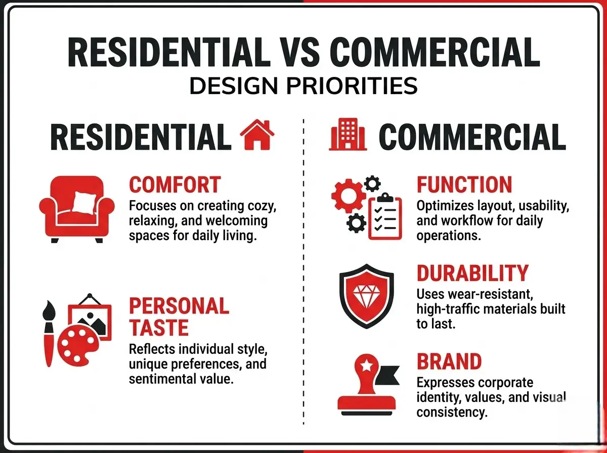 Side-by-side infographic comparing residential priorities of comfort and personal taste with commercial priorities of function, durability and brand