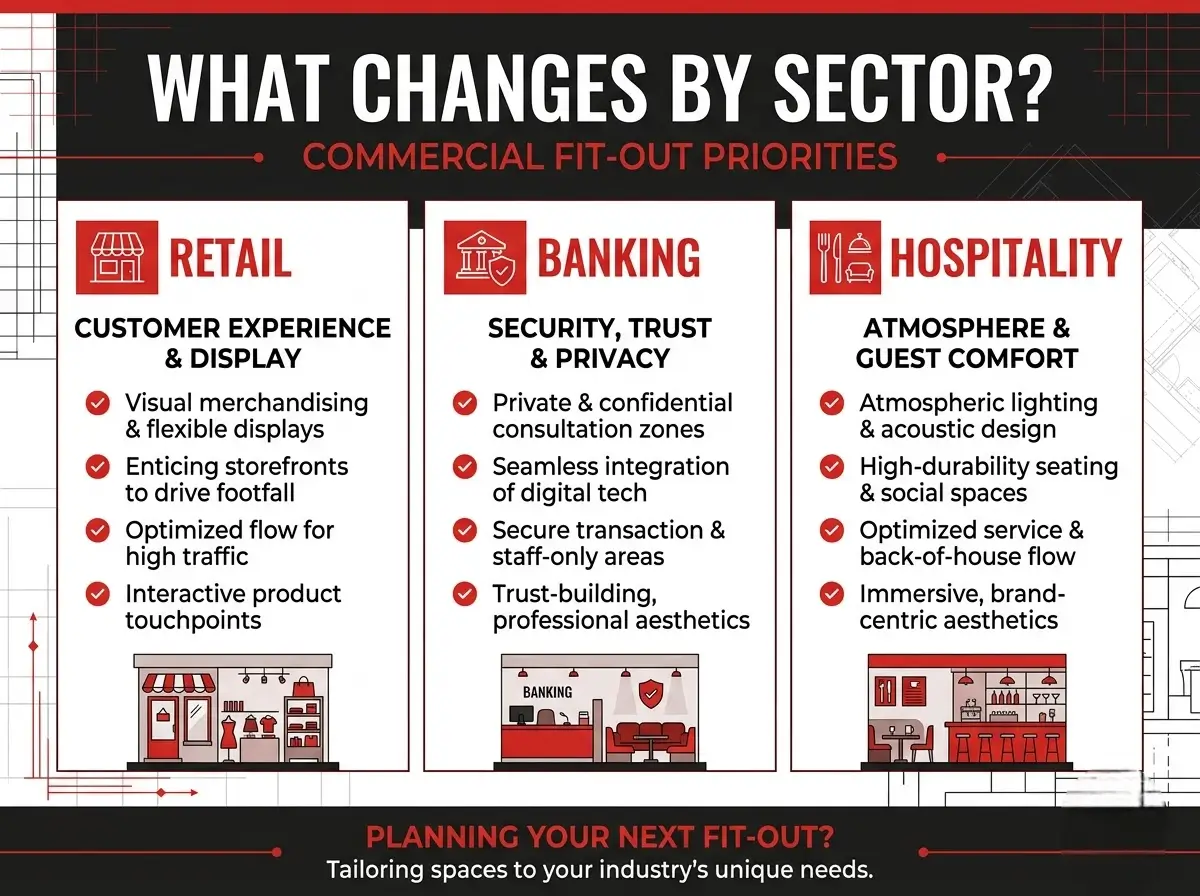 Infographic comparing retail, banking and hospitality fit-out priorities side by side